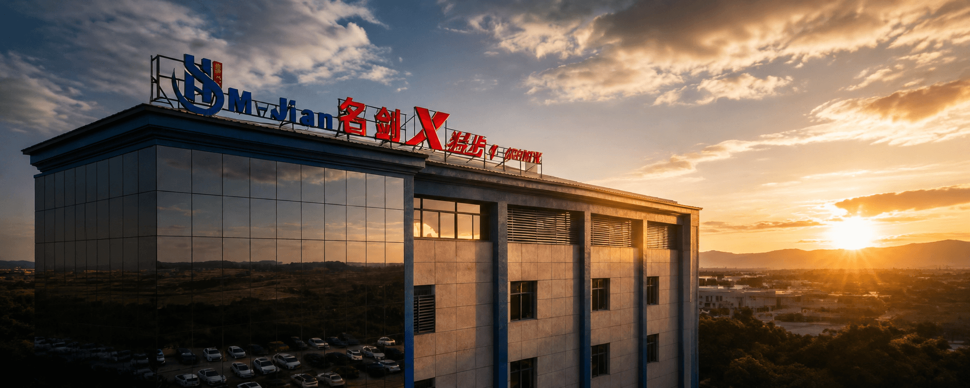Mingjian Footwear factory campus at sunset